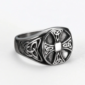 Vintage stainless steel Viking cross ring for men with Celtic knot details and oxidized finish