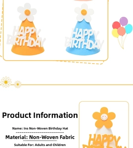 Detail of non-woven birthday hat with daisy flower and Happy Birthday text