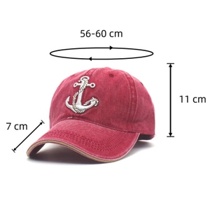 Detail view of washed burgundy baseball cap with embroidered anchor and size dimensions