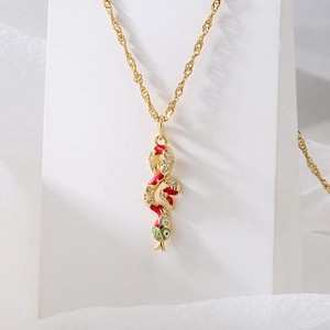 18K gold plated snake pendant necklace with red enamel and micro-set zircon accents
