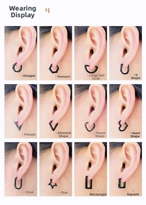 Detailed grid of 12 black geometric stainless steel earrings with various modern shapes