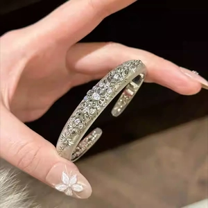 Vintage Hollow Flower Pattern Open Cuff Bracelet Copper Zircon Inlaid Elegant Silver Tone Textured Jewelry For Women