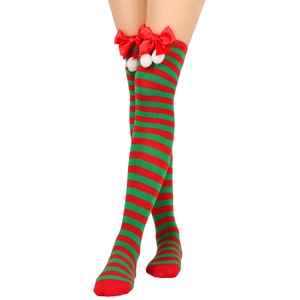 Close-up of Christmas over-knee socks with red-green stripes, bow and white pom-poms