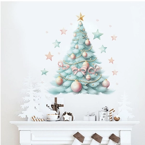 Detailed wall sticker showing a mint green Christmas tree with pink bows and gold beads