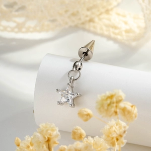 Silver cone stud earring with a dangling star pendant and clear sparkling gemstone