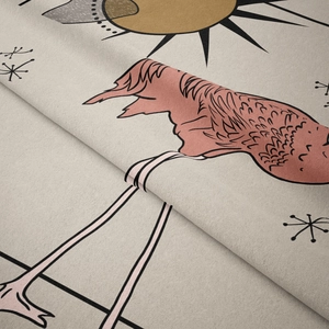 Detail of soft fleece wall tapestry featuring flamingo art and geometric sun patterns