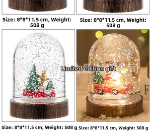 Detailed views of the 8x11.5cm Christmas snow globe showing car and warm night light effect