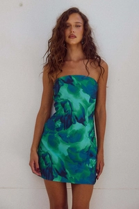 Detail of teal floral print on sexy bodycon tube dress showing fabric texture
