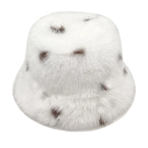Plush faux fur bucket hat with brown leopard print and fluffy winter warm texture