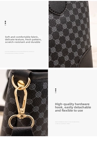 Detail of detachable golden metal hook and grey clover pattern on tote bag surface