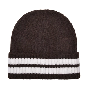 Close-up of thick striped knit texture on a dark brown cuffed winter beanie hat