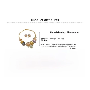 Detail of floral necklace set with alloy petals, rhinestones and sizing dimensions