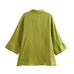 Camicia in lino verde a vestibilità ampia da donna con design minimalista a spalle calate