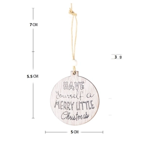 Detail view of round wooden snowflake ornament with dimensions 5.5cm and hanging string