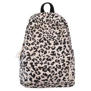 Trendy leopard print corduroy backpack for women, lightweight street style travel rucksack