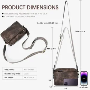 Size chart for small leather crossbody bag with adjustable wide shoulder strap dimensions