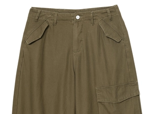 Detail of olive green cargo pants showing sturdy cotton twill fabric and pocket stitching