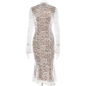 Elegant white lace long sleeve mermaid dress with a high neck and hollow-out floral patterns