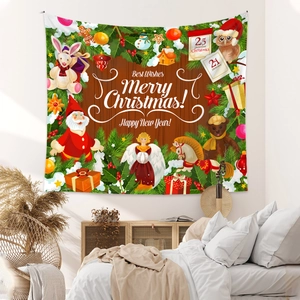Detailed Christmas wall tapestry featuring festive illustrations in a cozy bedroom setting