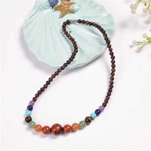 Detailed close-up of Bohemian necklace with 6mm natural colorful quartz and tiger eye beads