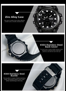 Detail view of zinc alloy case and 304 stainless steel back of the sports watch