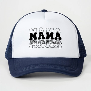 Detail view of the breathable mesh structure and MAMA graphic on the navy trucker cap