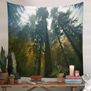 Dettaglio dell'arazzo forestale a parete con piante e libri decorativi su un tavolo