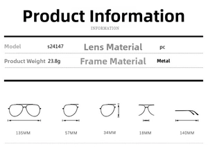 Size guide for rectangular metal sunglasses detailing frame width and lens dimensions