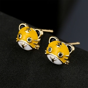 Cartoon Tiger Head Stud Earrings Copper 18K Gold Plated Enamel Cute Animal Zodiac Jewelry For Women