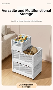 Detail of stackable white plastic storage bins with hollow design and smooth swivel wheels