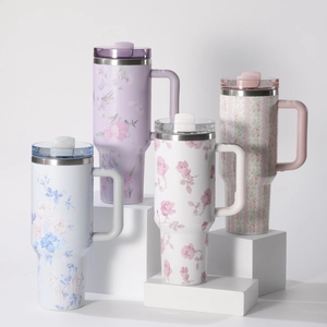 304 stainless steel tumblers with handles and various colorful floral 3D prints