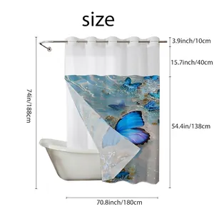 Dual-layer waffle shower curtain with butterfly pattern and size chart dimensions
