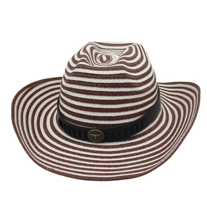 British style wide brim striped straw jazz hat with brown leather band and bull logo