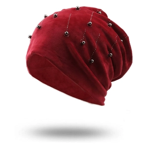 Women Velvet Slouchy Beanie Hat Rhinestone Bead Decor Warm Double Layer Stretchy Pullover Skull Cap