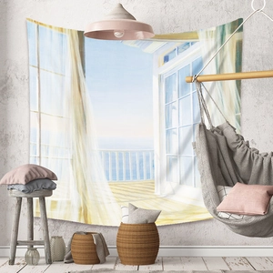 Detail of bohemian tapestry with sea view terrace pattern in cozy room decor