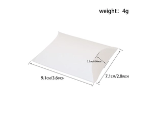 Detailed size chart of a white pillow gift box showing dimensions in inches and centimeters