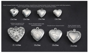 Detailed close-up showing eight heart locket pendant styles in various engraved patterns