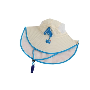 Kids sun hat with large brim and neck flap featuring a built-in whistle on a blue strap