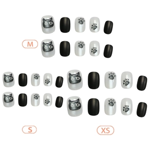 Faux ongles œil-de-chat mignons noir et blanc avec motifs de pattes, tailles M, S et XS
