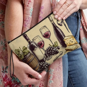 Canvas wine-themed cosmetic bag with vintage wine bottles and grape print and zipper