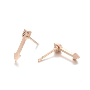 Polished rose gold arrow stud earrings in a minimalist geometric design on white background