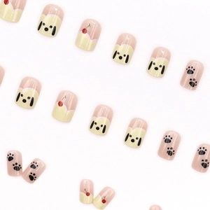 French style short square press-on nails with cute puppy and cherry patterns on nude pink base