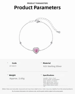 Detail of S925 sterling silver bracelet with pink heart zircon and hallmark tag