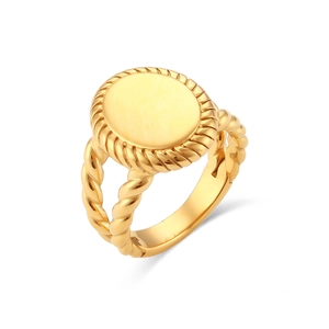 Vintage 18K gold plated oval signet ring with rope texture edge in stainless steel