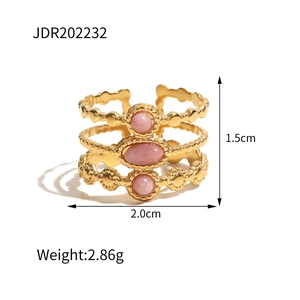 Detailed view of layered gold ring with pink oval gemstones and beaded band texture