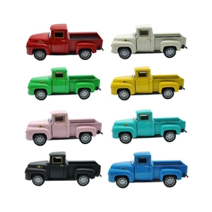Vintage alloy pickup truck toy set in eight assorted colors on white background