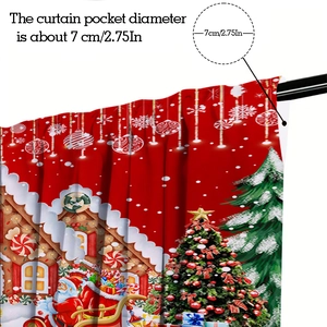 Dettaglio della tenda natalizia rossa con tasca per asta da 7 cm e stampe festive