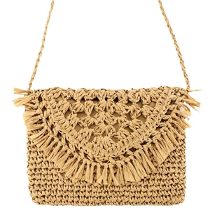 Beige hand-woven straw crossbody bag with crochet texture and decorative fringe tassel