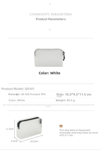 Specifications of the translucent frosted TPU travel makeup bag with zipper closure