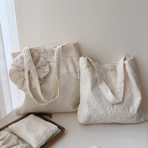Women Cotton Embroidery Floral Tote Bag Minimalist Beige Canvas Underarm Handbag Small Pouch Scrunchie
